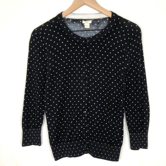 J. CREW The Clare Cardigan Women's Sz S Navy Blue White Dot 100% Cotton Button - Picture 1 of 8